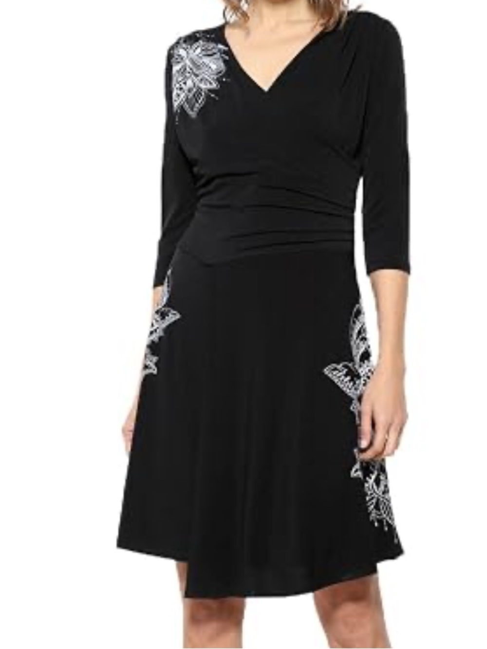 Desigual Allison 3/4 sleeve black floral faux-wrap dress size large